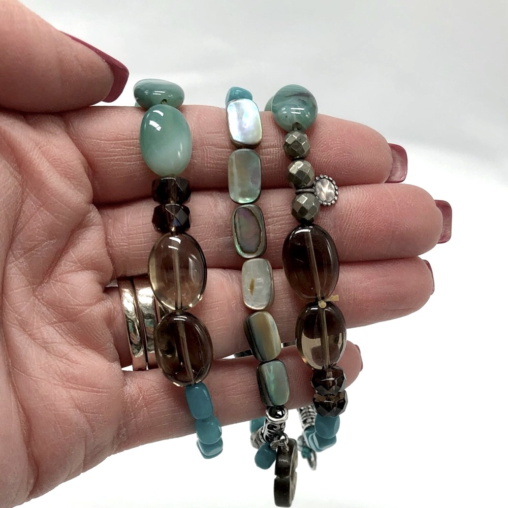 3 Teal Blue/Green Silpada Smokey Quartz Elastic Stretch Bead Bracelets - Picture 7 of 9